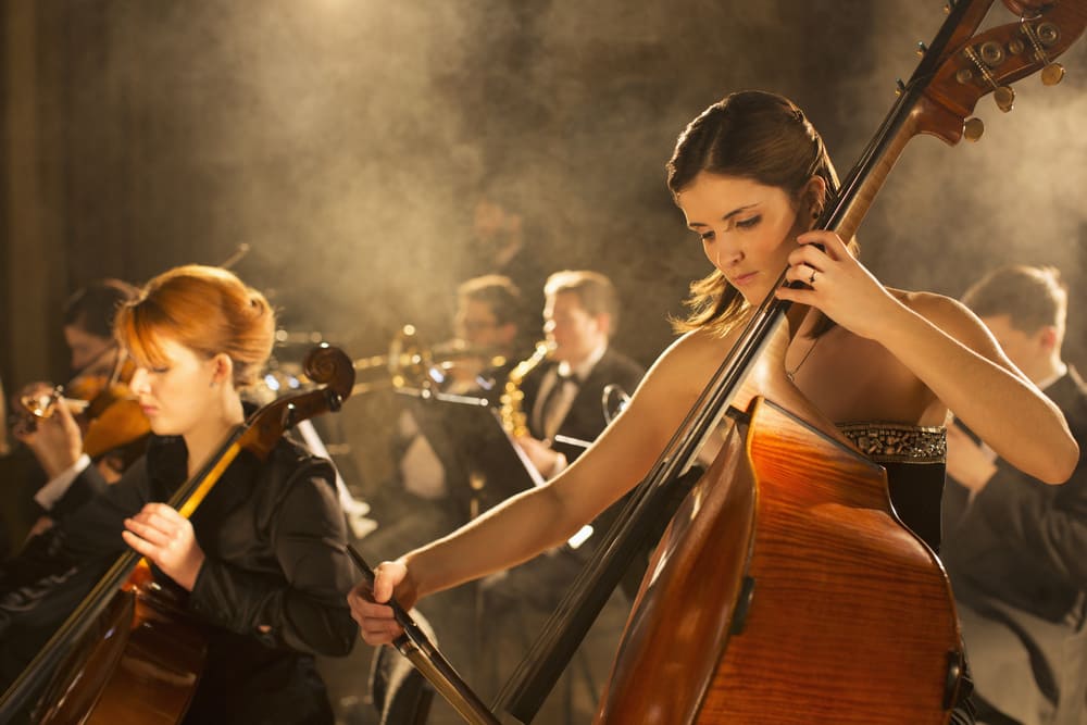 Une muscienne joue de la contrebasse parmis un orchestre.