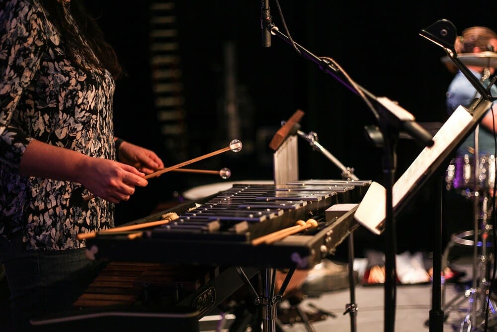 Un femme jouant du xylophone accompagne un groupe sur scène.