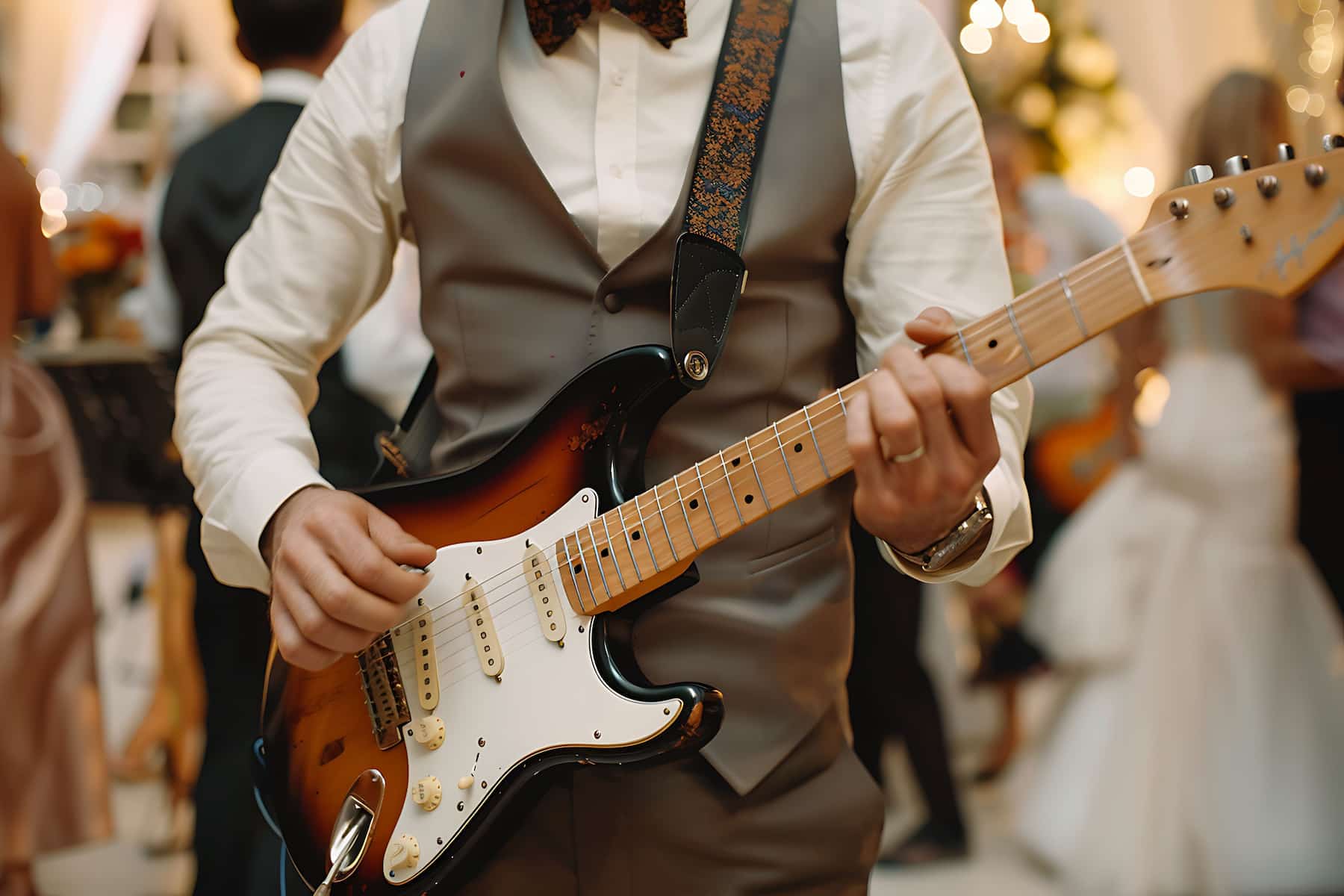 Homme jouant de la guitare électrique pendant un mariage